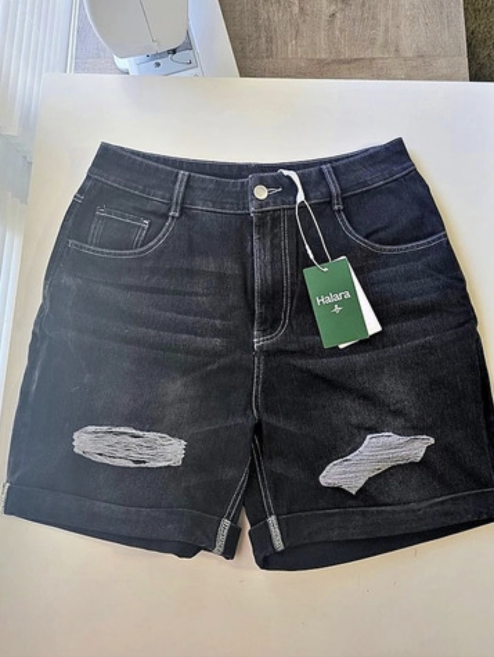 Halara Women's High Rise Distressed Jean Shorts in Black NWT